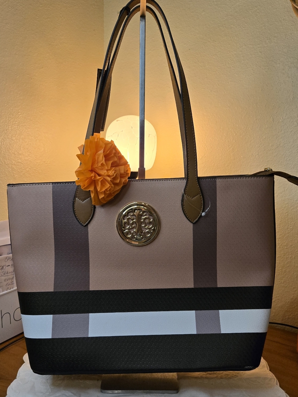 Deluxity Like New Taupe and Black Stripe Tote Bag with Gold Emblem - Picture 2 of 11